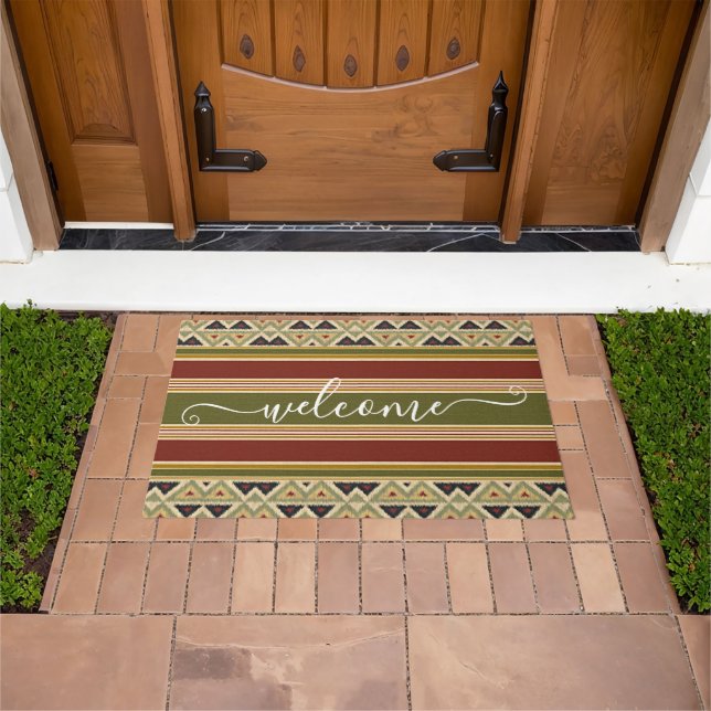 Unique Red Ochre Olive Green Ikat Stripes Welcome Doormat (Outdoor)