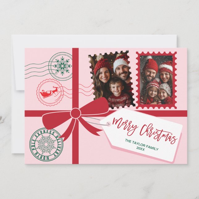 Unique Red Pink Gift Bow Photo Merry Christmas Holiday Card (Front)