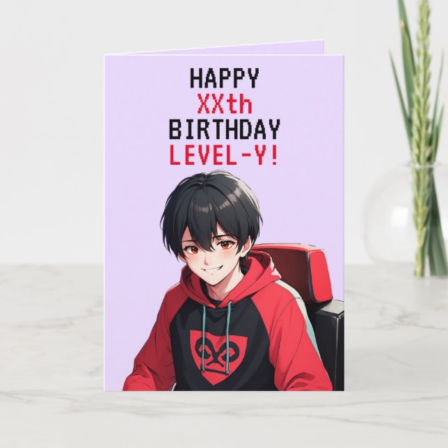 Unique Red & Purple Anime Age Birthday Card (Front)