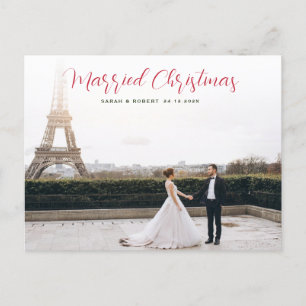 unique red script holiday wedding announcement postcard