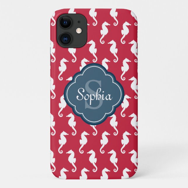 Unique Red Seahorse Pattern Blue Monogram Case-Mate iPhone Case (Back)