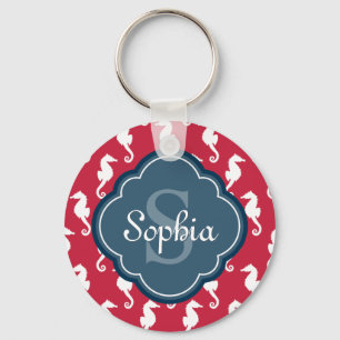 Unique Red Seahorse Pattern Blue Monogram Key Ring