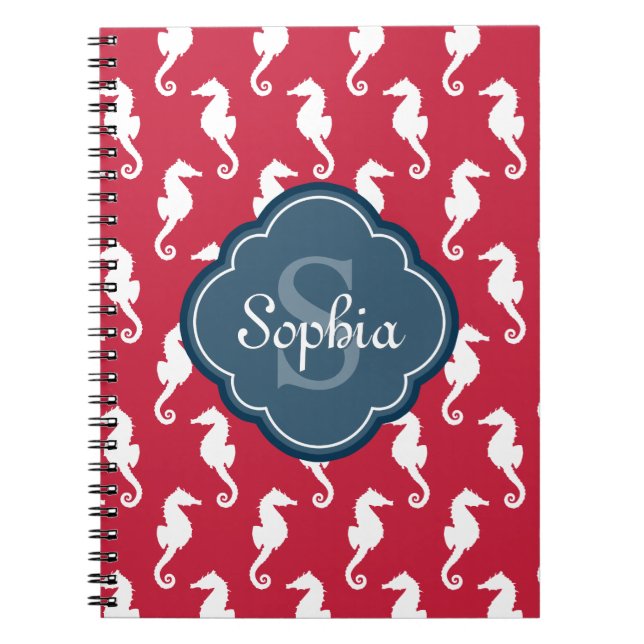 Unique Red Seahorse Pattern Blue Monogram Notebook (Front)