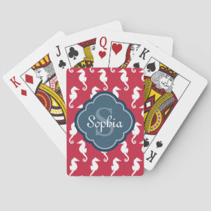 Unique Red Seahorse Pattern Blue Monogram Playing Cards