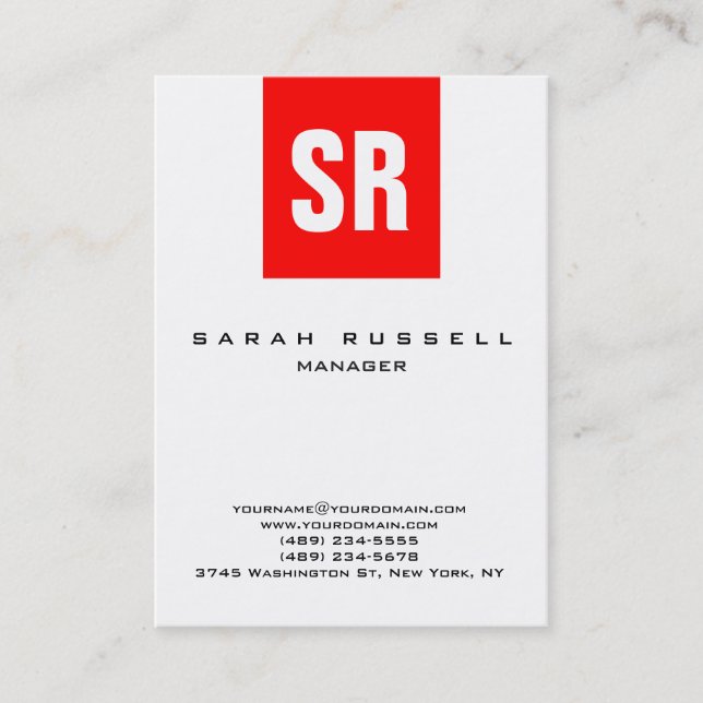 Unique red stripe white vertical monogram business card (Front)