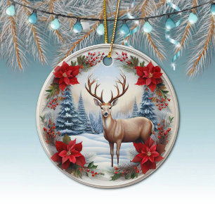 Unique Reindeer, Winter Scene Poinsettias, Deer 🦌 Ceramic Ornament