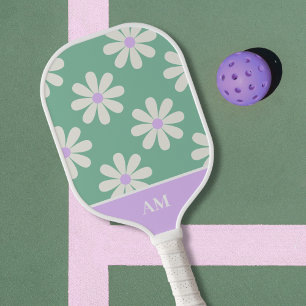 Unique Retro Floral Monogram Green & Lavender Pickleball Paddle