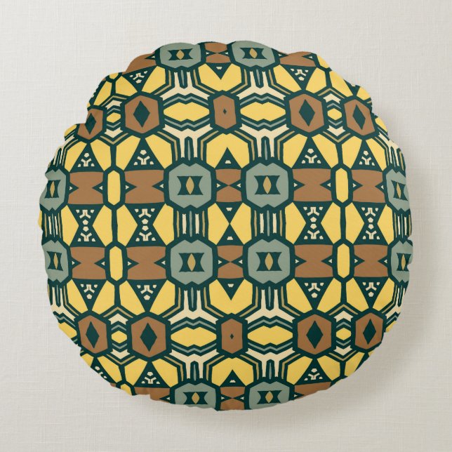 Unique retro geometrical pattern,  vintage seamles round cushion (Front)