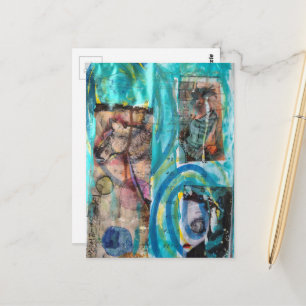 Unique Retro Horse, Donkey, and a Doll Mixed Media Postcard