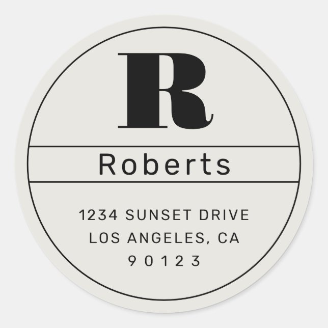 Unique Retro-Modern Address Black & Off White  Classic Round Sticker (Front)
