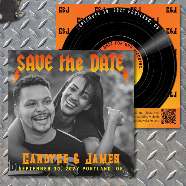 Unique Rock Metal Music Vinyl Record Album Cover Save The Date (Metal Album Cover Save the Date with Vinyl Record. Flame color scheme.)