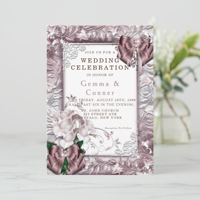 Unique Rose Gold Peony Floral Wedding Invitation (Standing Front)