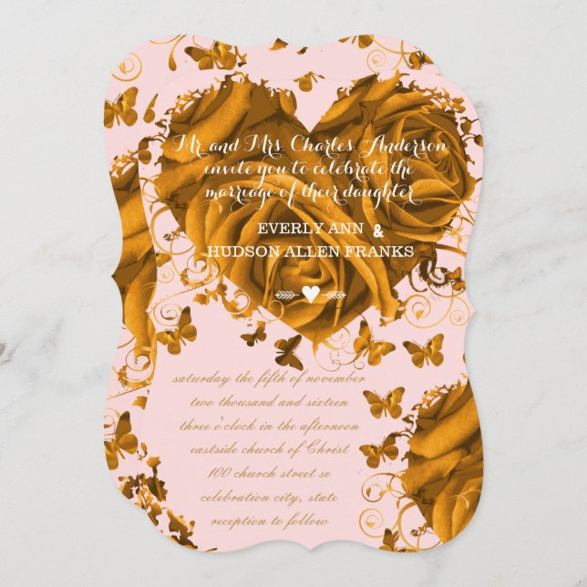 Unique Rose Pink Gold Hearts and Roses Wedding Invitation (Front/Back)