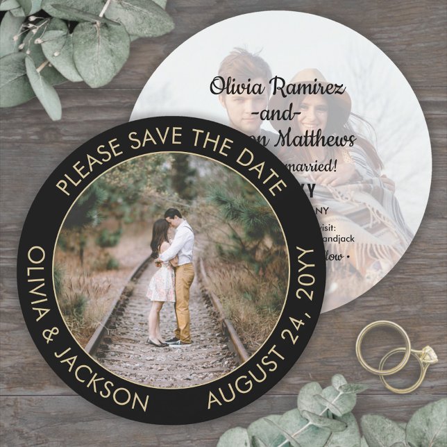 Unique Round Photo Modern Black and Gold Wedding Save The Date (Creator Uploaded)