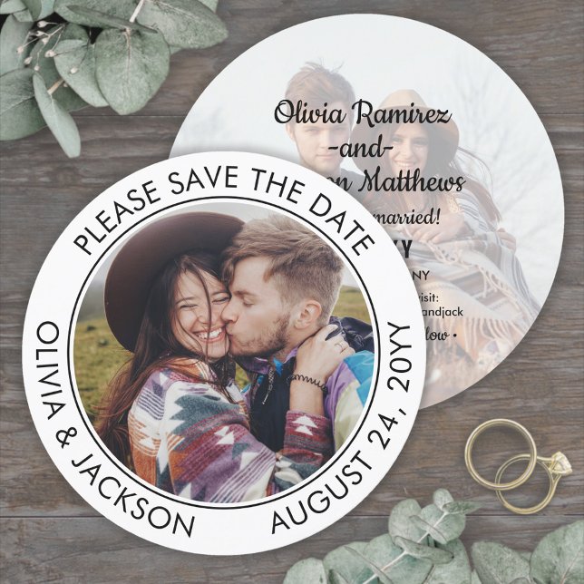 Unique Round Photo Modern Black and White Wedding Save The Date (Creator Uploaded)