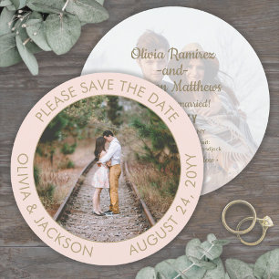 Unique Round Photo Modern Blush Pink Gold Wedding Save The Date