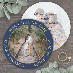 Unique Round Photo Modern Navy Blue & Gold Wedding Save The Date