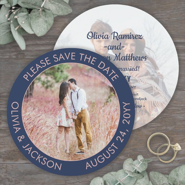 Unique Round Photo Modern Navy Blue & Pink Wedding Save The Date (Creator Uploaded)