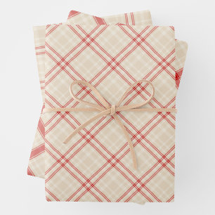 Unique Rustic Cream & Red Squiggly Mixed Plaid Wrapping Paper Sheet