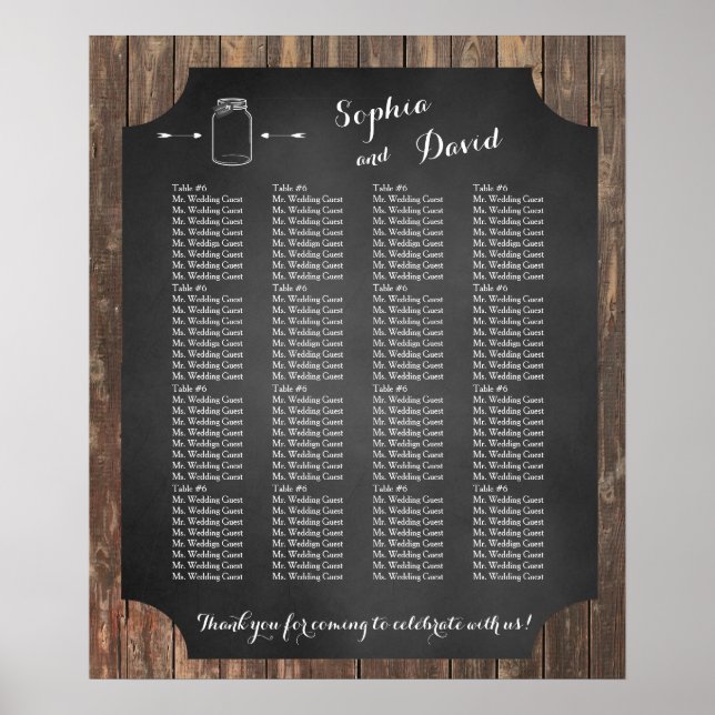 Unique Rustic Mason Jar Wedding Seating Chart (Front)
