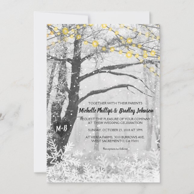 Unique Rustic Winter Tree Light Wedding Invitation (Front)