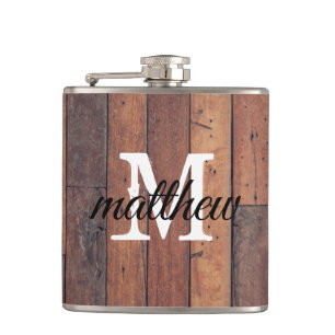 Unique Rustic Wooden Monogram Farmhouse Hip Flask