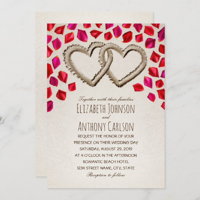 Unique Sand Hearts Rose Petal Beach Themed Wedding Invitation (Front/Back)