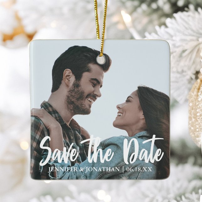Unique Save the Date Engagement Photo Christmas Ceramic Ornament (Creator Uploaded)