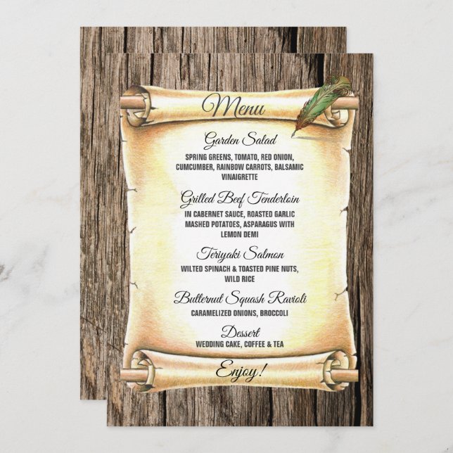 Unique Scroll & Feather Pen Barnwood Wedding  Menu (Front/Back)