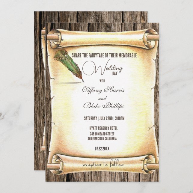 Unique Scroll & Feather Pen Wedding Invitations (Front/Back)