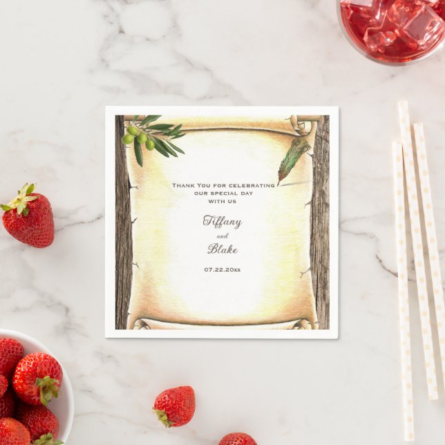 Unique Scroll & Feather Pen Wedding Paper Napkins (Insitu)
