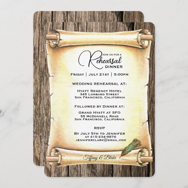Unique Scroll & Feather Pen Wedding Rehearsal  Invitation (Front/Back)
