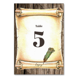 Unique Scroll & Feather Pen Wedding  Table Number