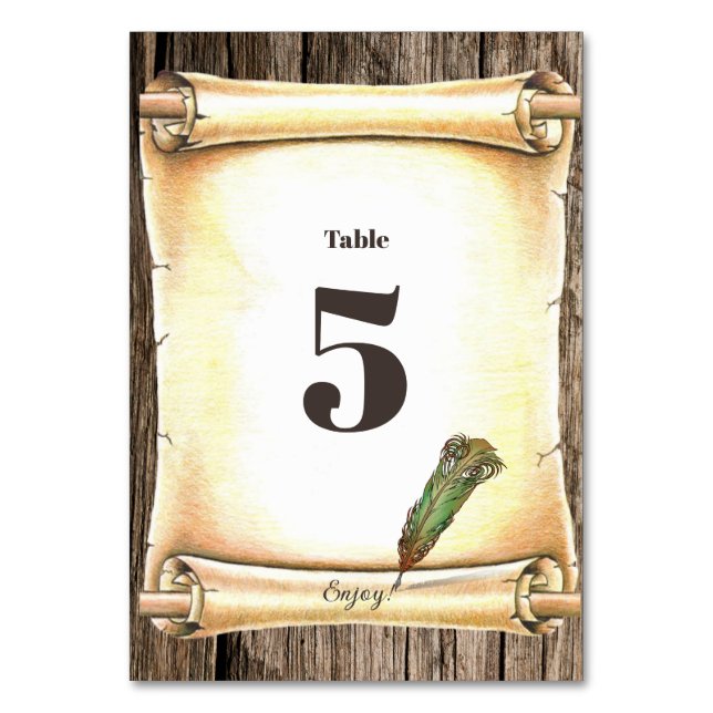 Unique Scroll & Feather Pen Wedding  Table Number (Front)