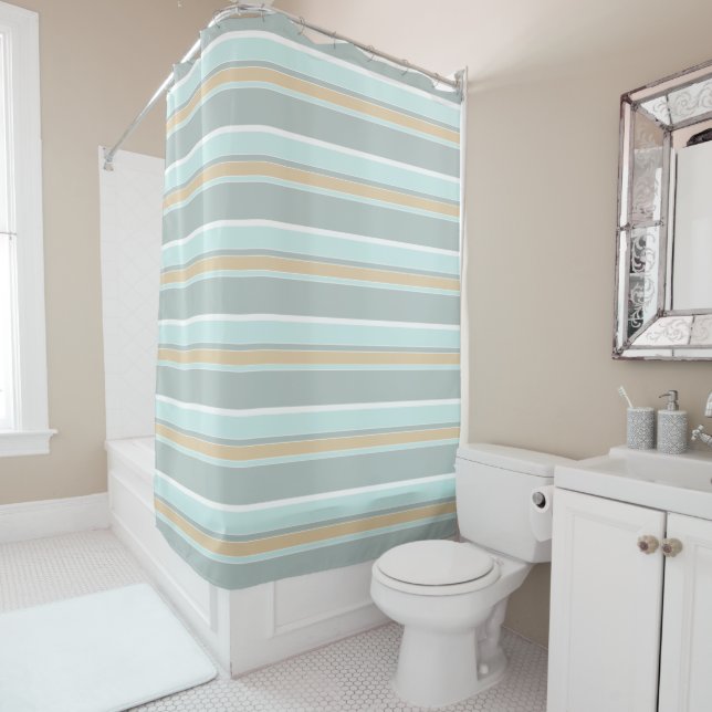 Unique Sea Foam Green White Taupe Tan Stripes Shower Curtain (In Situ)