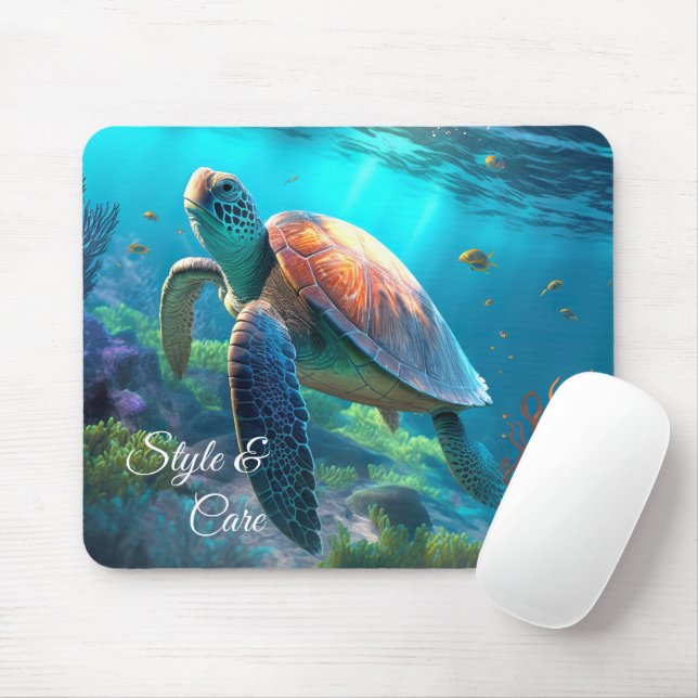 Unique Sea Turtle Illustration Personalised Text Mouse Pad (With Mouse)