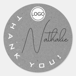 Unique Signature Grey Kraft Paper Thank You Logo Classic Round Sticker