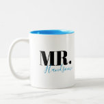 Unique simple personalized Mr handsome couples Two-Tone Coffee Mug<br><div class="desc">Elegant modern minimalist typography Mr handsome design in black and blue,  simple and unique. Great groom gifts and newlywed couple gifts or anniversary gifts.
See matching Mrs gorgeous mugs in collection. 
Customize the mug and text color with your choice.</div>
