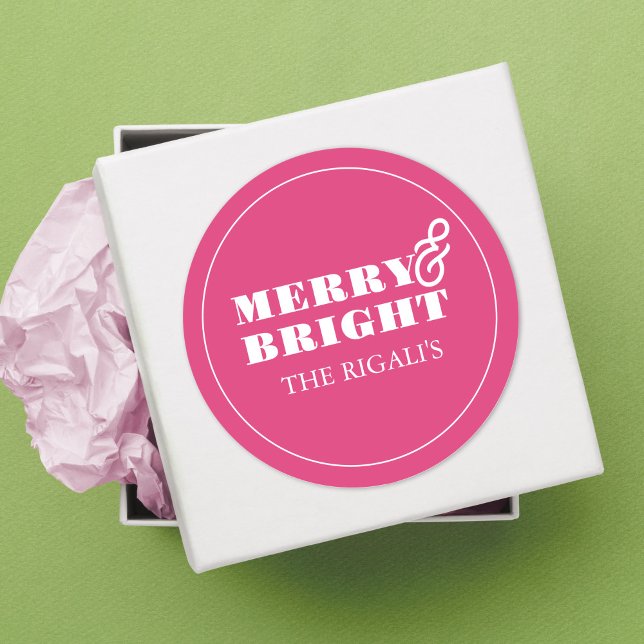 Unique Simple Pink Merry & Bright Font Classic Round Sticker (Christmas sticker minimalistic bright pink. )