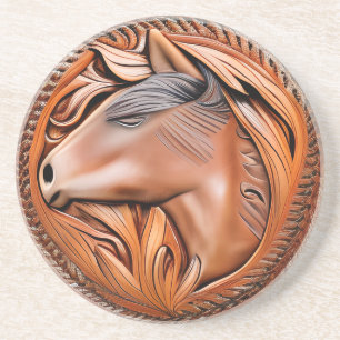 Unique Simulated Tooled Leather Horse Head Stone  Coaster