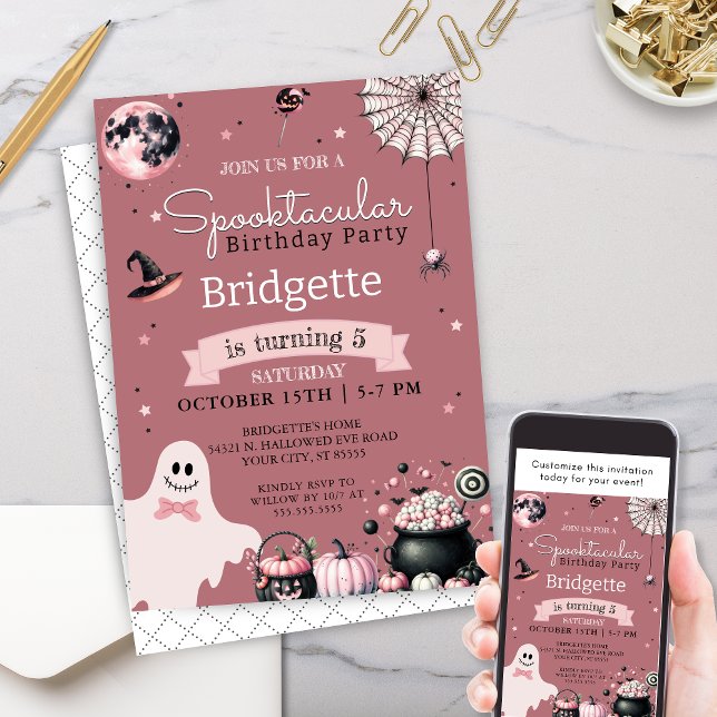Unique Spooktacular Pink Halloween Birthday Party Invitation (Unique pink girly spooktacular halloween birthday party invitation for any age ghost pumpkins party)