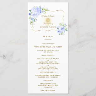 Unique Spring Blue Floral Gold Holy Communion Menu