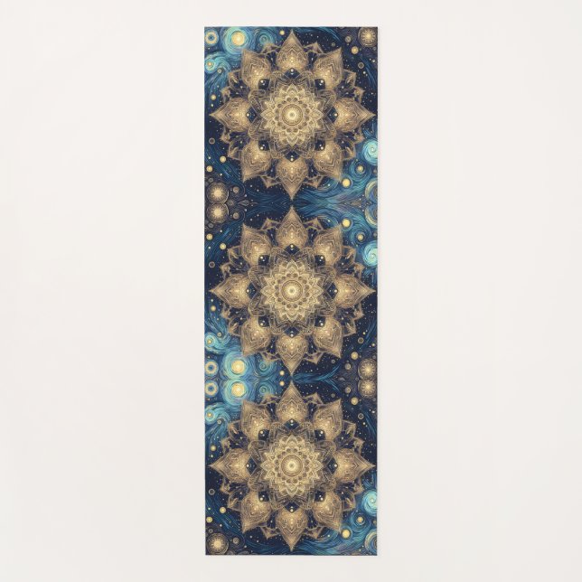 Unique Starry Night Nebula Gold Mandala Art Yoga Mat (Front)