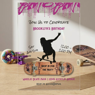 Unique Street Art Skater Girl Teen Birthday Party Acrylic Invitations