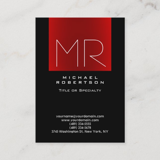 Unique Stylish Monogram Black Red Business Card (Front)