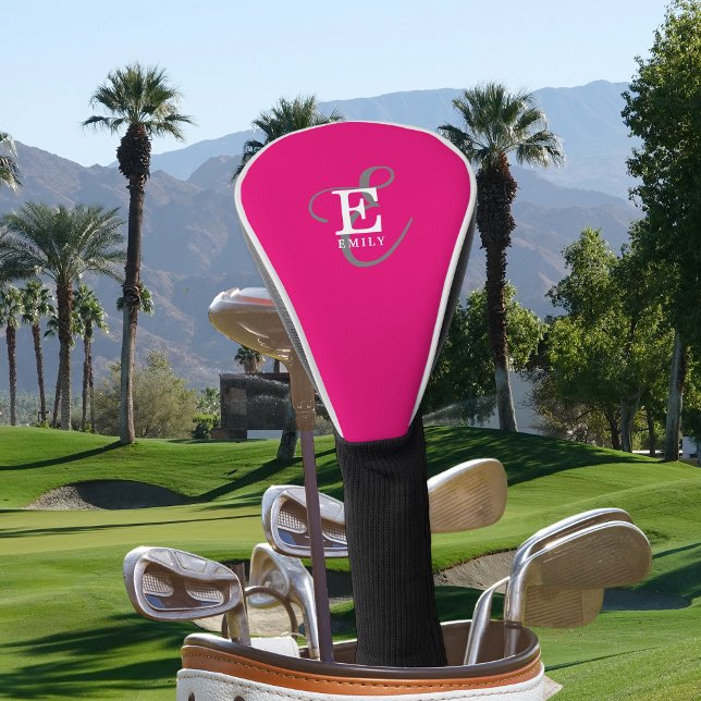 Unique Stylish Monogram Typography Hot Pink Golf Head Cover (Personalize with your name and monogram initial.)