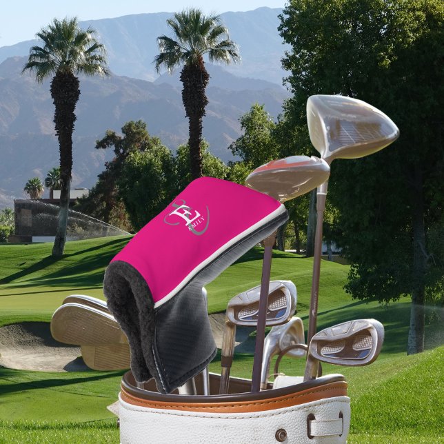 Unique Stylish Monogram Typography Hot Pink Golf Head Cover (Personalize with your name and monogram initial.)