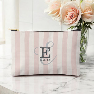 Unique Stylish Monogram Typography Pink Stripes Accessory Pouch