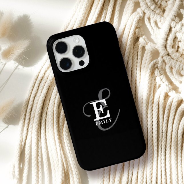 Unique Stylish Name and Monogram Typography Black iPhone Case (Personalize with your name and monogram initial.)
