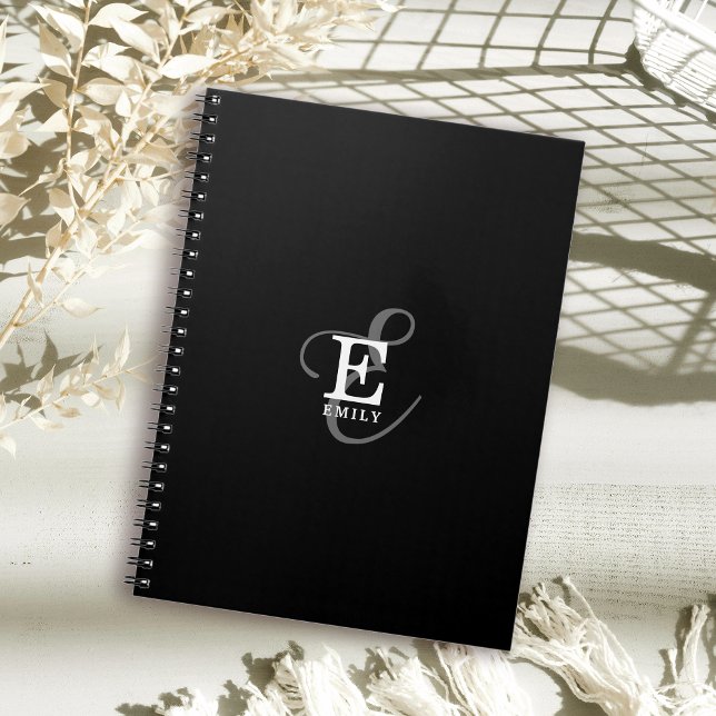 Unique Stylish Name and Monogram Typography Black Notebook (Personalize with your name and monogram initial.)